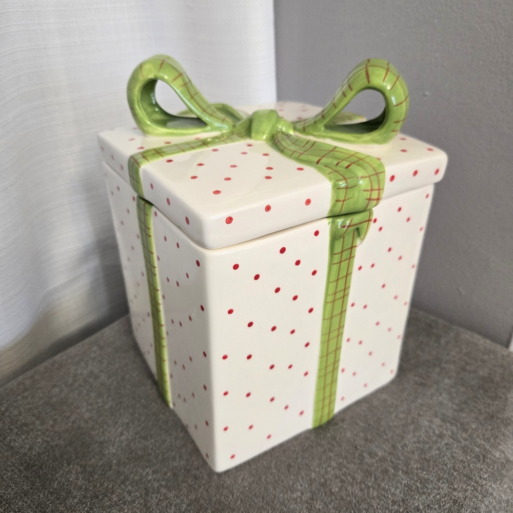 Christmas Gift Cookie Jar Red Polka Dot 3D Bow Present Kitchen Canister